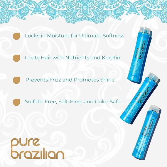Pure Brazilian Anti-Frizz 3-Piece Kit: Hydrating Shampoo, Nourishing Conditioner & Restorative Serum, Enriched with Keratin and Argan Oil for Smooth, Silky Hair - Complete Haircare Set