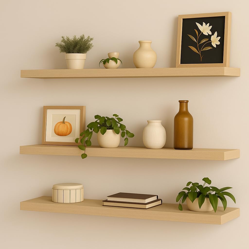 MDF Floating Wall Shelves Set – Modern Brown Wall Mounted Display Racks | Minimalist Home Décor Shelves for Living Room, Bedroom, Office (Natural Wood, 23 INCH)