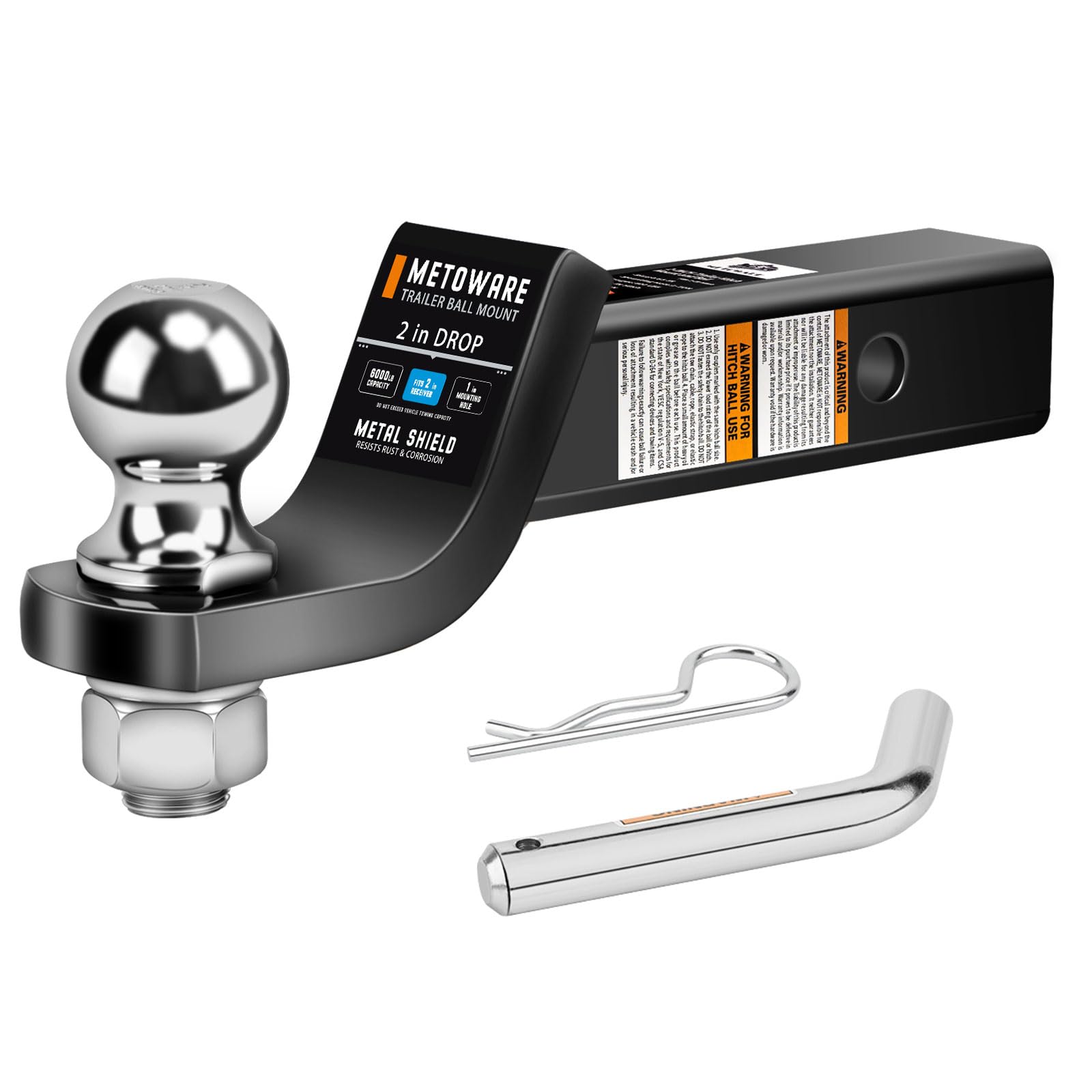 METOWARE Trailer Hitch Ball Mount with 2 in Ball & Hitch Pin, Solid Steel Trailer Hitch Ball Fits 2 Inch Receiver, 6000lbs Capacity Ball Hitch, 2-Inch Drop, Black