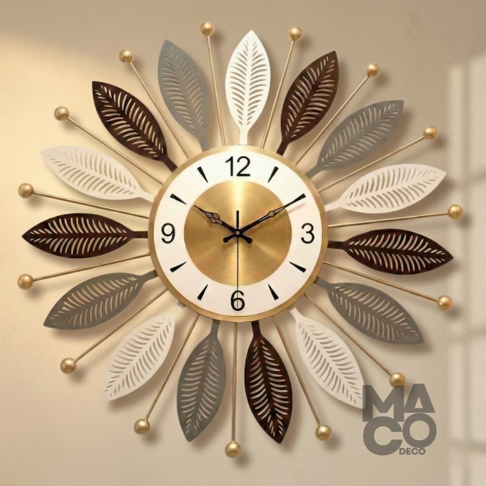 Stylish Metal Wall Clock for Living Room - Decorative Designer Fancy Wall Hanging Clock with Leaf Pattern for Bedroom Hall Home Modern Decor-image-25