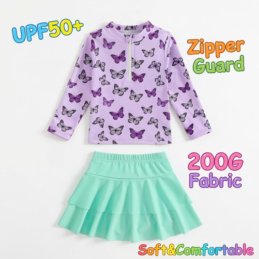 Girls Rash Guard Swimsuit Set UPF 50+ Long Sleeve Two Piece Swimwear Half Zip with Skirt Bottom for Kids 3-10Y