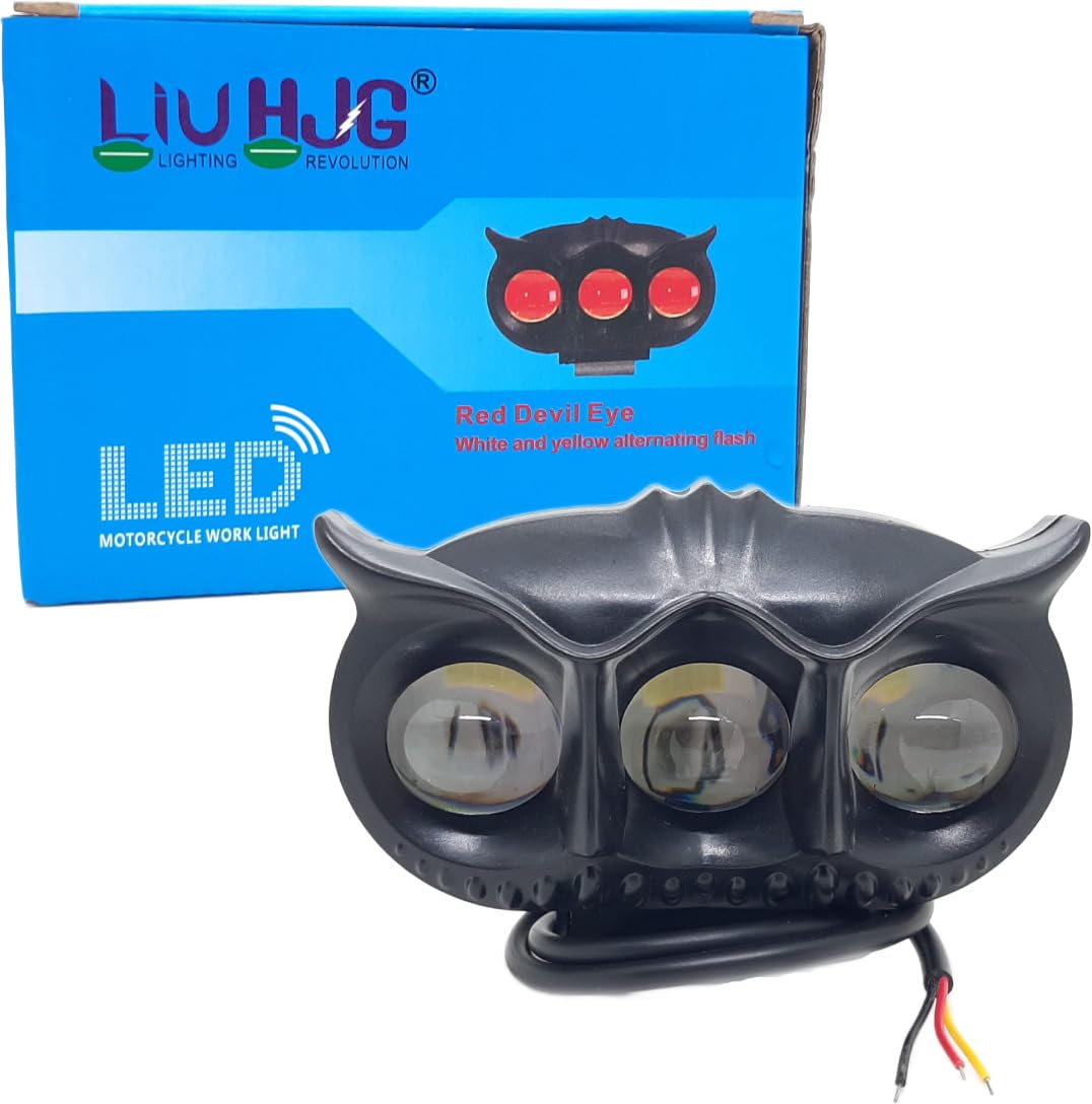 LED Owl Fog Light Yellow/White and Red Devil Eye Effect 3 Colour Mode with Flashing Pattern Universal For All Bikes (DC9-80V & 30W, Pack of 1)