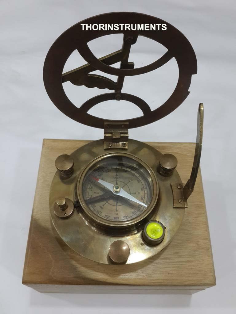 THOR INSTRUMENTS Antique Brass 4" Sundial Compass, Sundial Clock in Wood Box Gift Sun Clock Ship Replica Watch