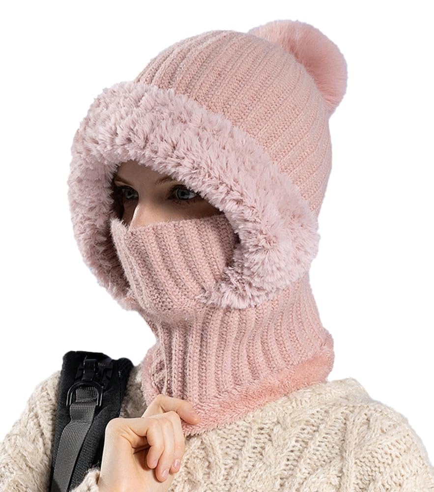 Womens Knit Beanie Hat Fleece Lined Winter Scarf Mask Set Snow Caps Plush Earmuff Skull Hats with Pompom