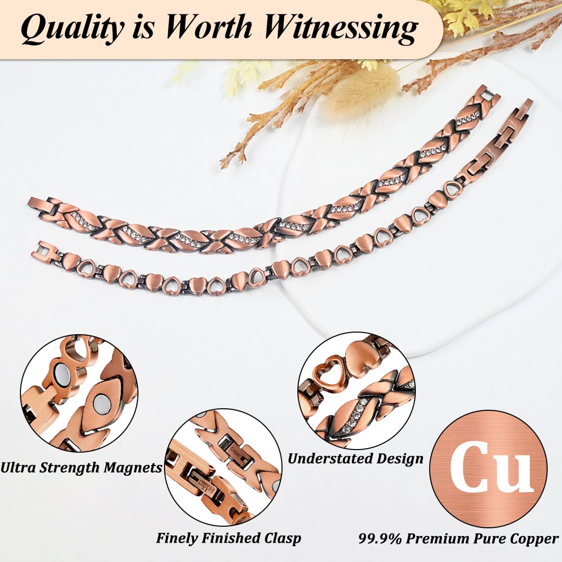 Vicmag Bracelets en cuivre pour femme, ensemble de bagues magnétiques