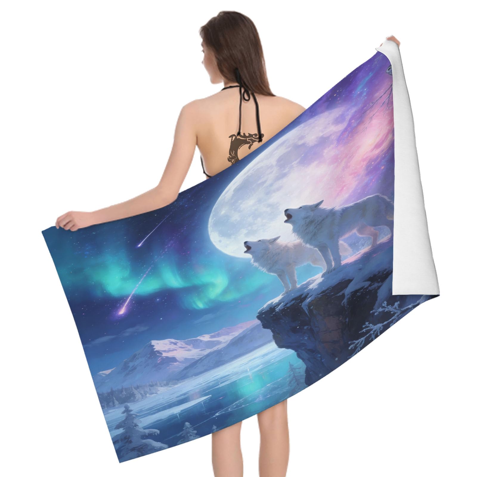 Leichong 3D Cartoon Wolf Beach Towel Microfiber Soft Quick Dry for Adults, Moon Bath Towel Lightweight Soft Absorbent for Travel Swimming Pool Sports, 75 x 150 cm