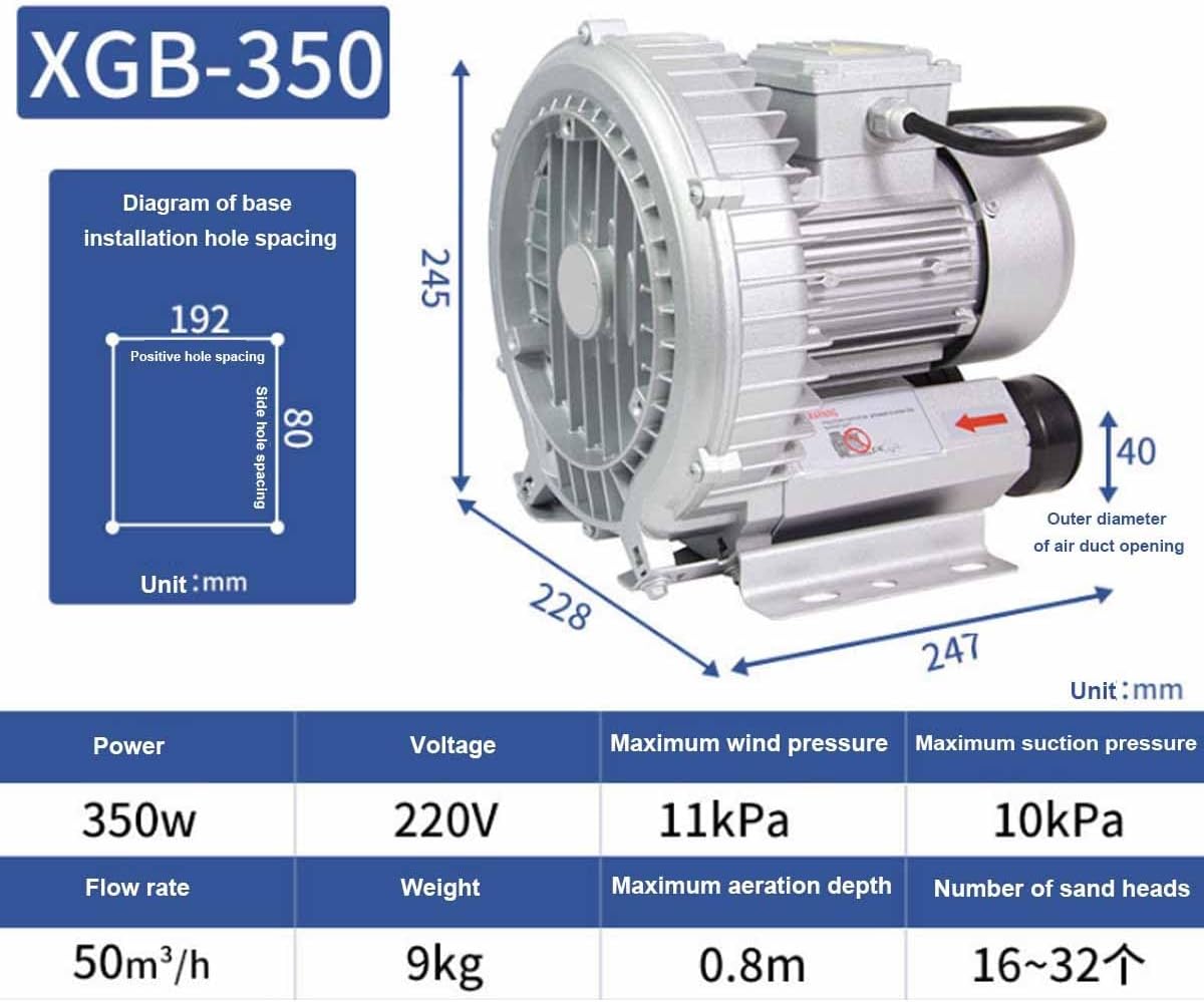 High-Pressure Vortex Ring Blower, Regenerative Blower, High-Pressure Industrial Vacuum Pump for Air Blowing Or Suction,Single Phase Turbine Blower for Air Blowing Or Suction(350W/0.47HP)