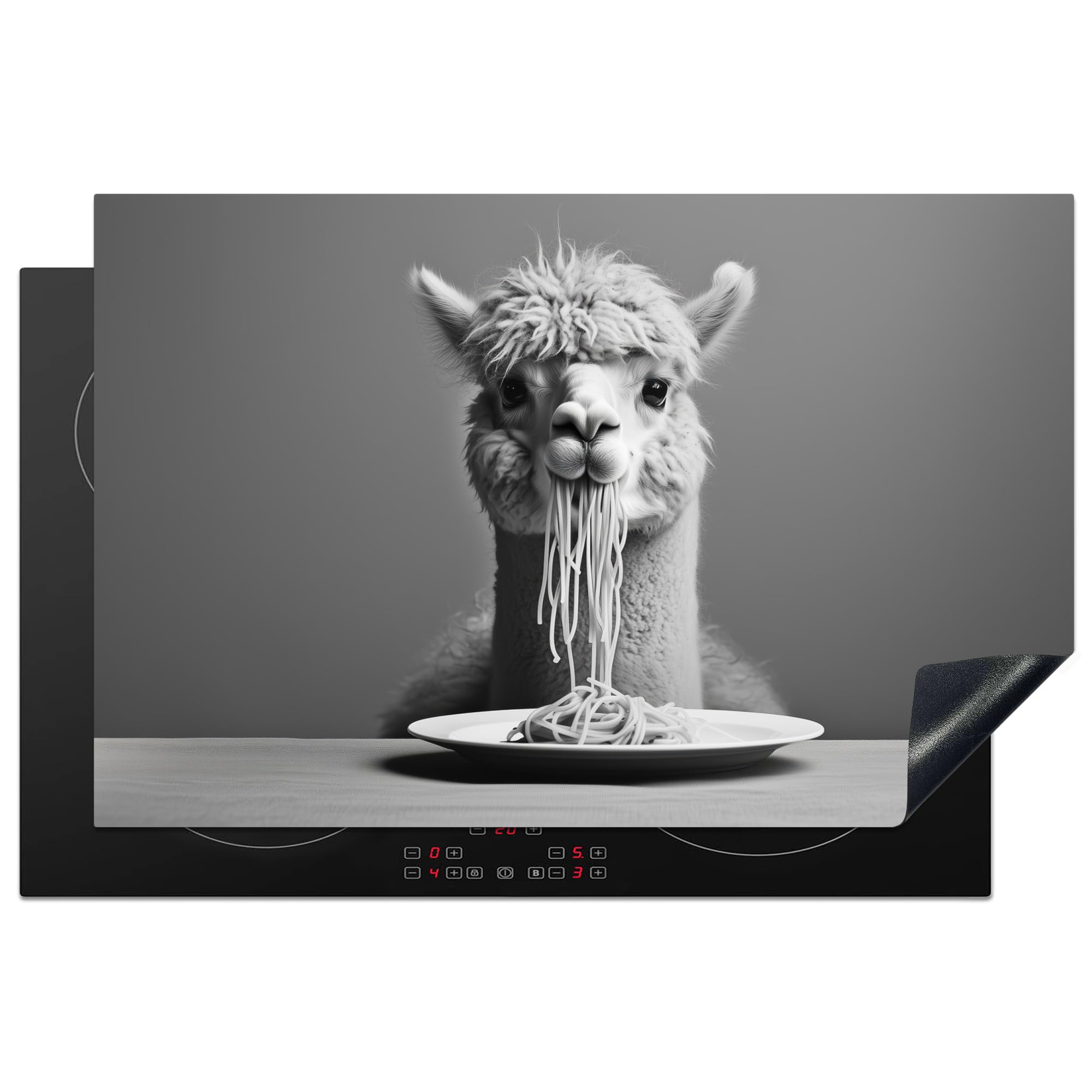 KitchenYeah© Induction Hob Protector Mat 20.5"x31.5" / 80x52 cm Cooker Top Protectors Cover Ceramic Covers Electric Hobs Vinyl Alpaca - Pasta - Black - White - Cute - Animal — image 1