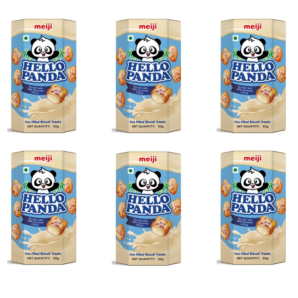 meiji Hello Panda Biscuits with Milk Flavoured Filling (Pack of 6)| Bite Sized Biscuits Filled With Milk Flavoured Cream, 300 Gram