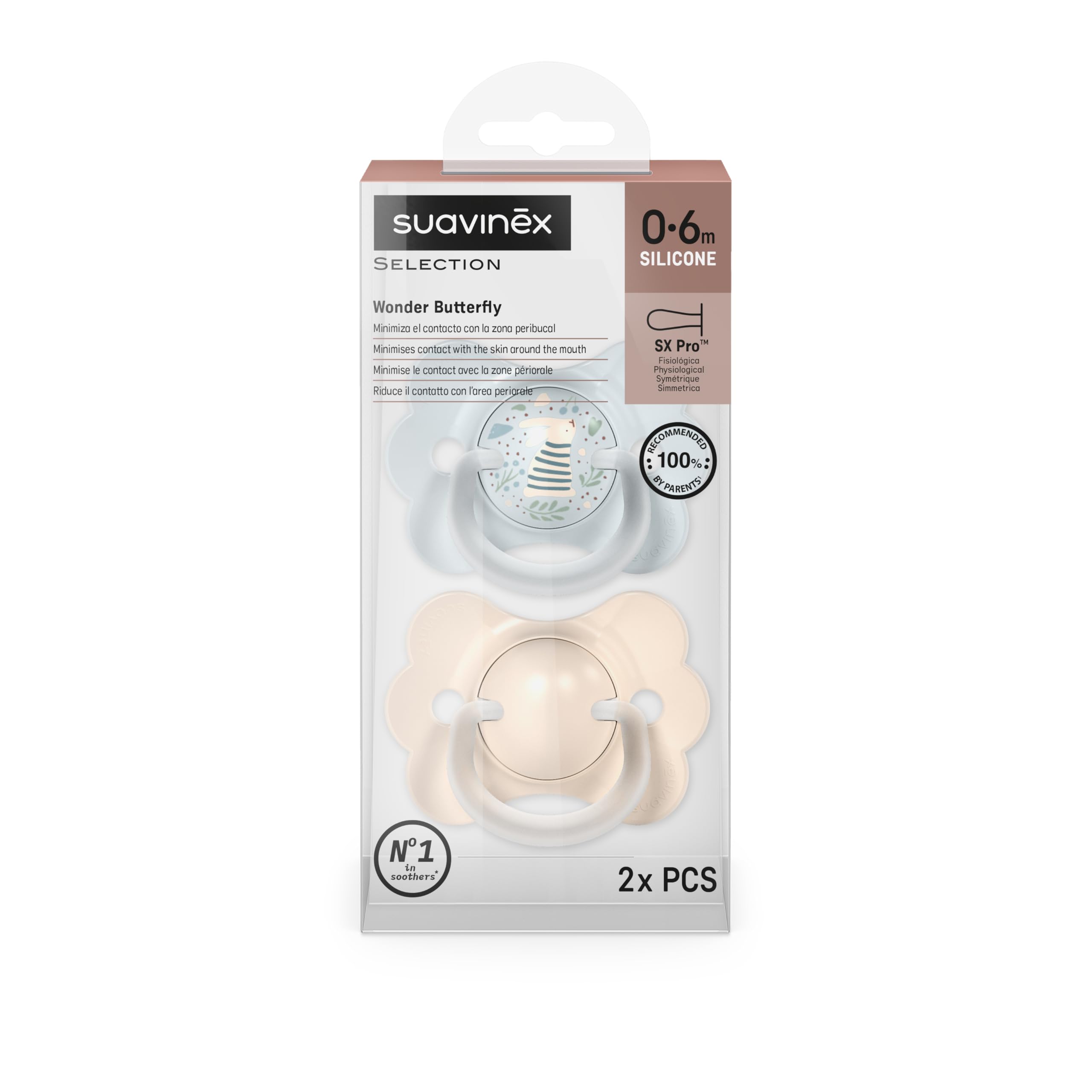 Suavinex, Pack 2 Chupetes para Bebés 0/6 Meses y Recién Nacidos, con Tetina Fisiológica de Silicona SX Pro, Simétrica, Plana y Flexible, Respeta el Desarrollo Bucodental, Wonder Beige + Azul — view 5