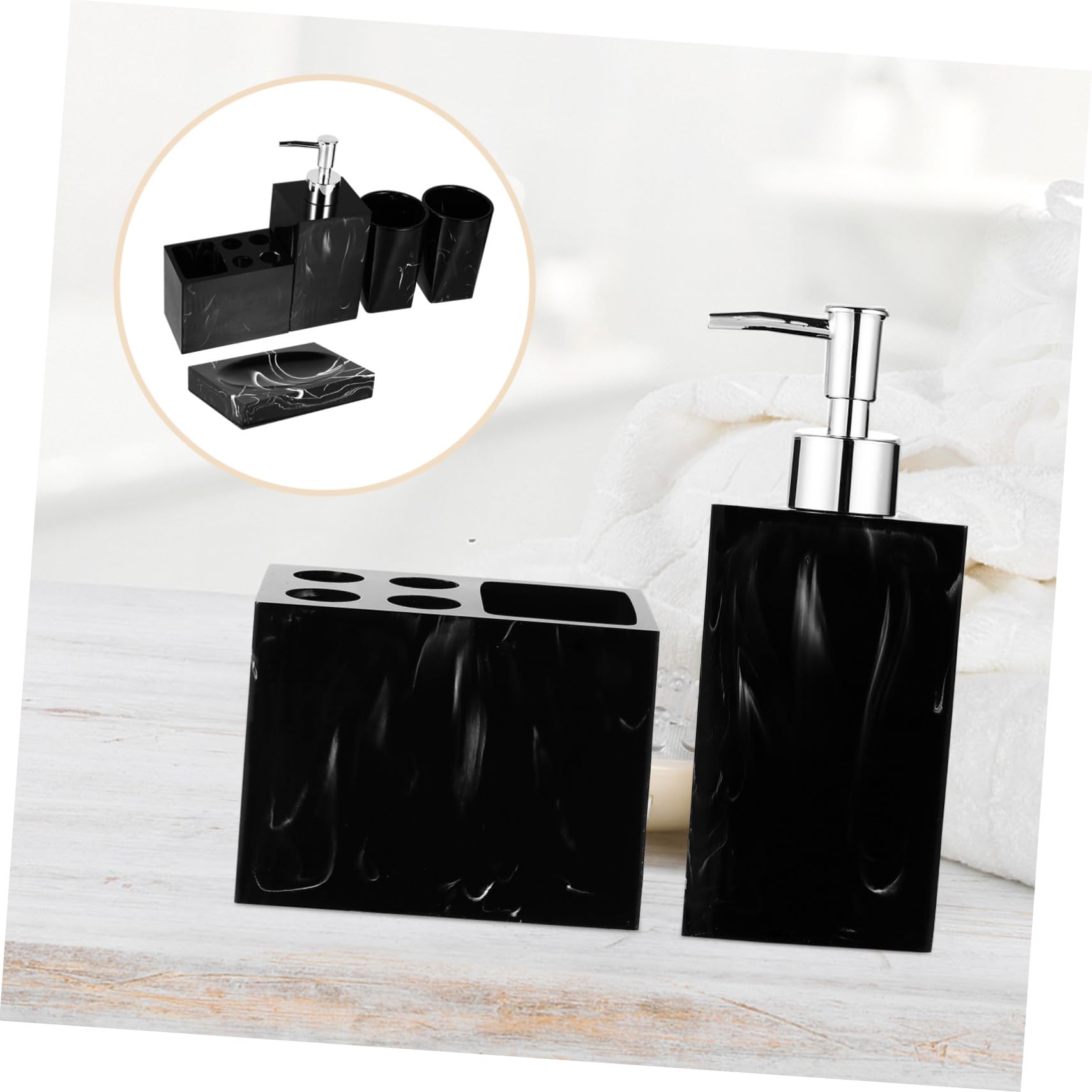 Healifty Set de Accesorios de Baño Diseño Jaspeado, Soporte para Cepillos de Dientes, Botella de Mano, Vasos para Enjuague y Jabonera de Resina Negra Práctica y Cómoda