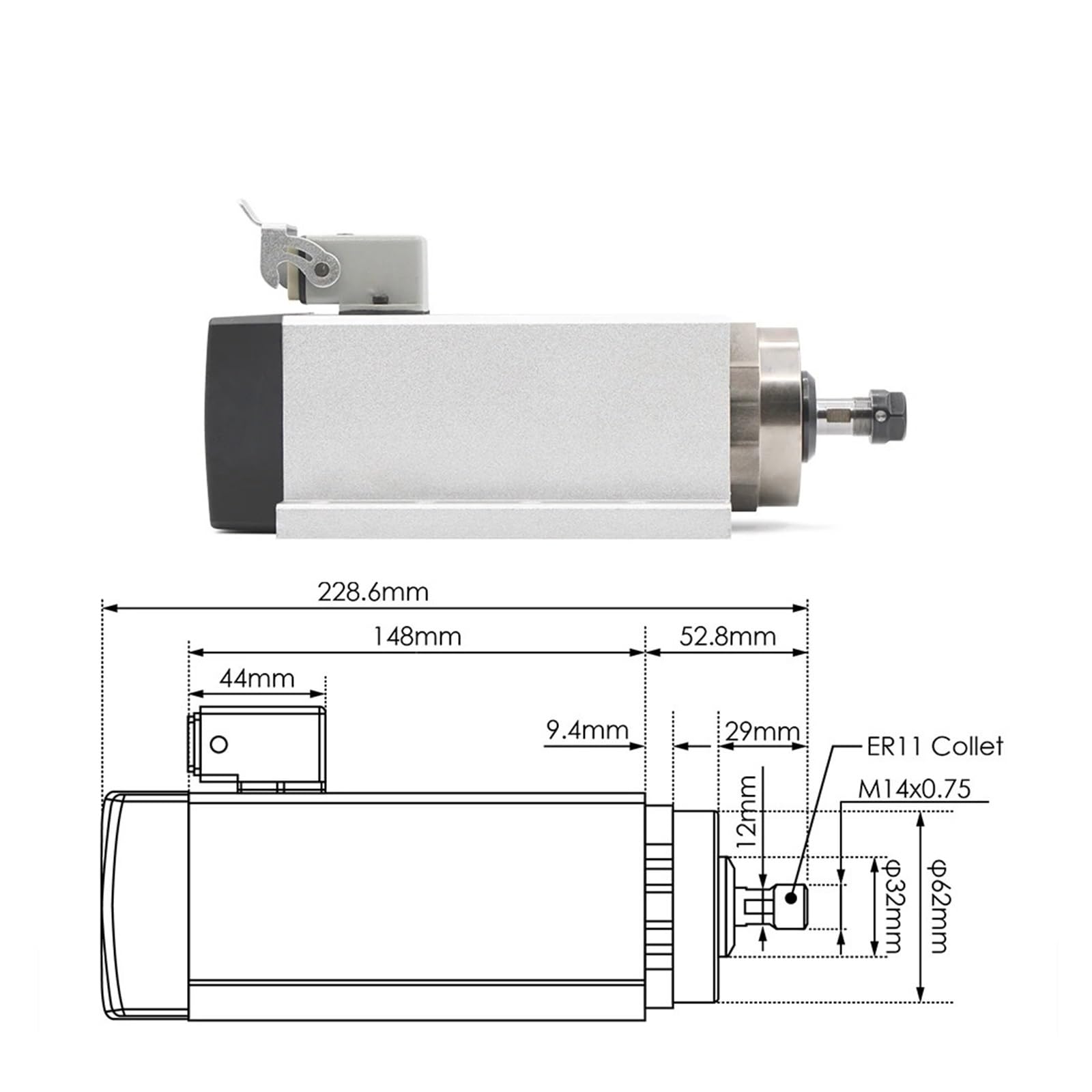 KACOME 1.5KW ER11 air-Cooled Spindle Motor Square Spindle with mounting Flange 0.01mm Accuracy 4 PCS Ball Bearings