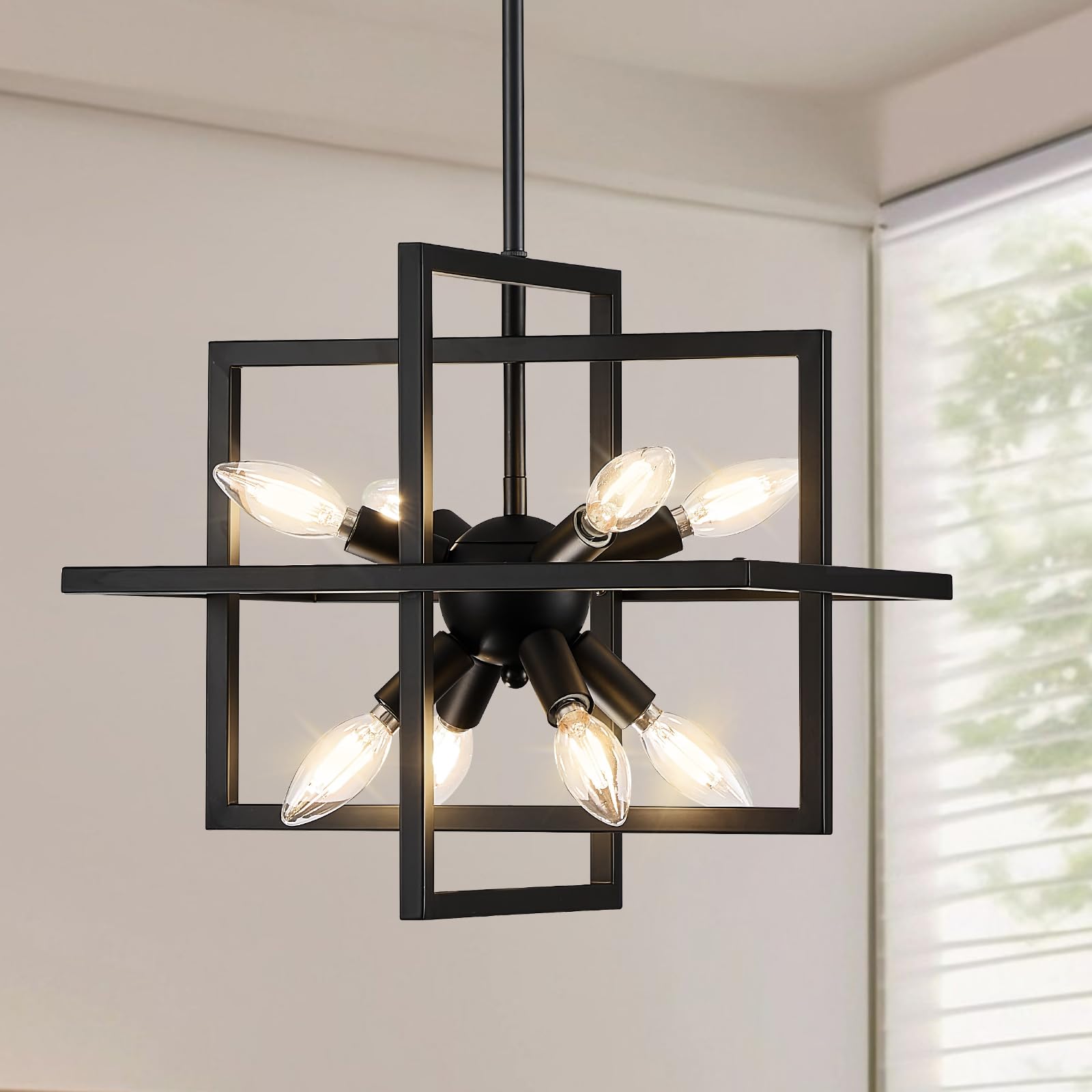 Small Modern Lantern Chandeliers, Geometric Black Pendant Lighting, 8-Light  Industrial Hanging Chandelier Light Fixture for Dining Room, Kitchen