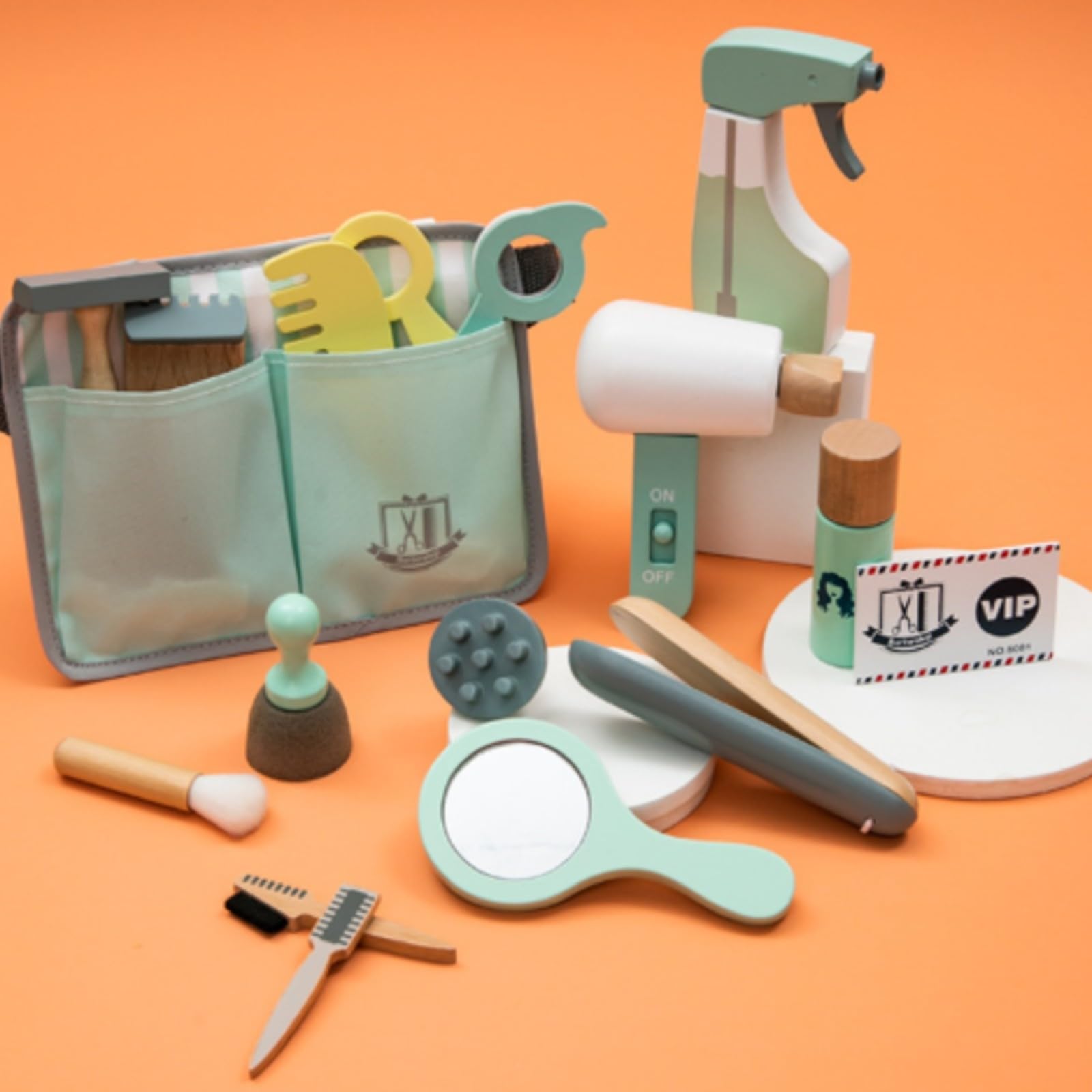 Kit di Bellezza Giocattolo Educativo Set da Parrucchiere Giocattolo in Legno Gioco di Ruolo Set da Parrucchiere con Asciugacapelli per