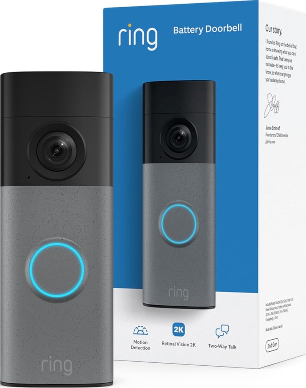 Ring Battery Doorbell 2K (newest model) Retinal 2K with wide-angle video, up to 6x Enhanced Zoom, Two-Way Talk, and Built-In Battery, Speckled Gray
