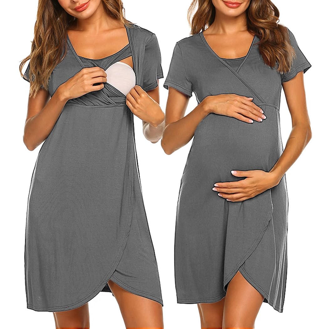 Camicia da notte infermieristica manica corta Breasfeeding abito da parto abito premaman, Grigio, X-Large