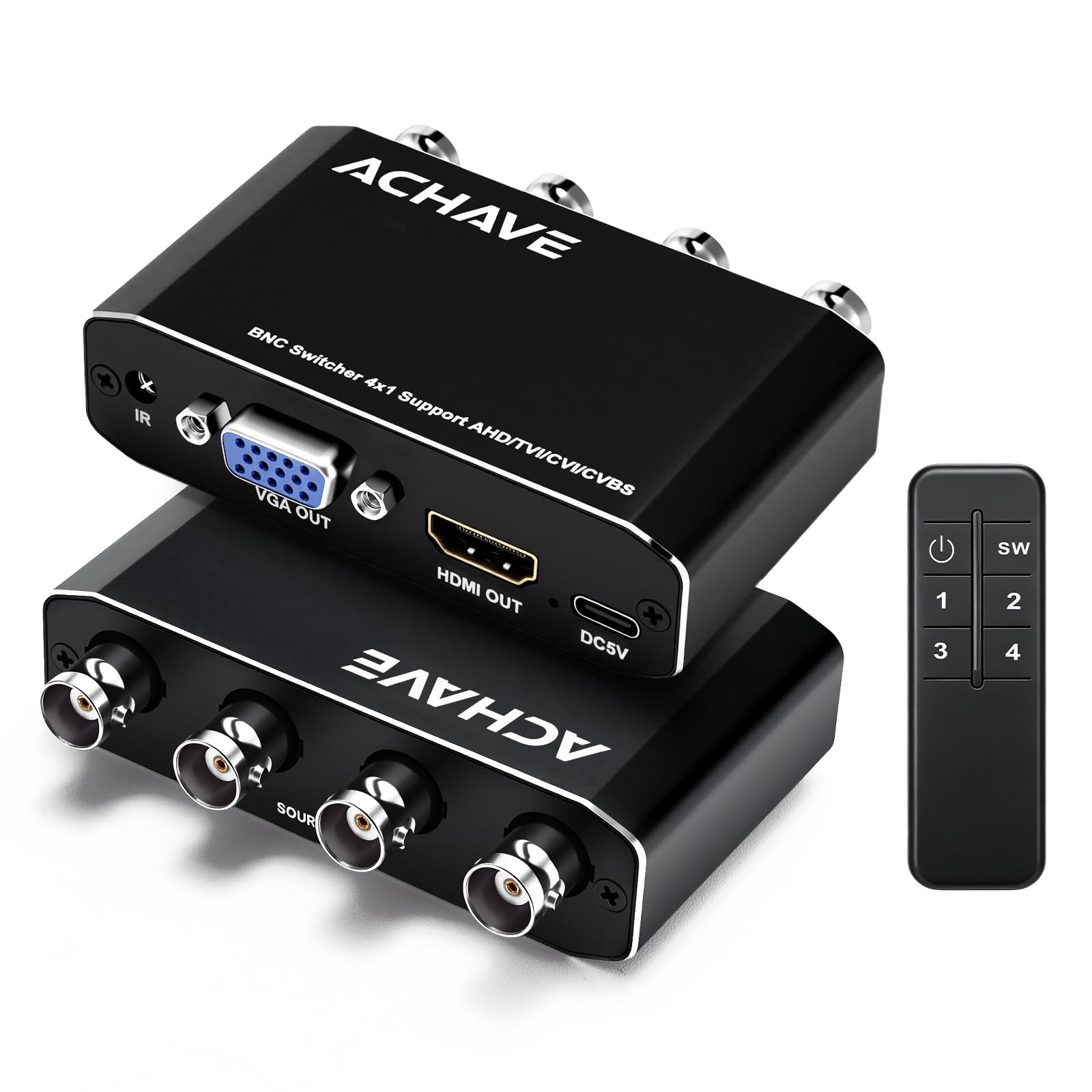 ACHAVE Commutatore BNC 4x1, supporta segnali AHD/TVI/CVI/CVBS, uscita HDMI + VGA simultanea, commutatore video a 4 canali per telecamera CCTV/monitor