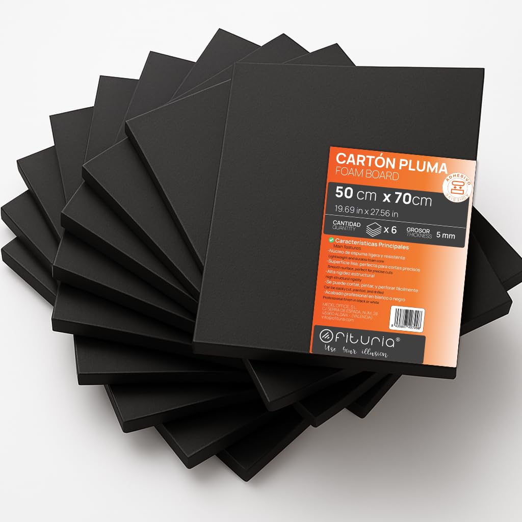 OFITURIA Adhesive Black Foam Panel, 50 x 70 cm, Pack of 6, Lightweight and Rigid Polystyrene Sheet, Multi-Purpose Foamboard with Easy Cut, Ideal for Crafts, Models and Exhibitions, 5 mm — image 1