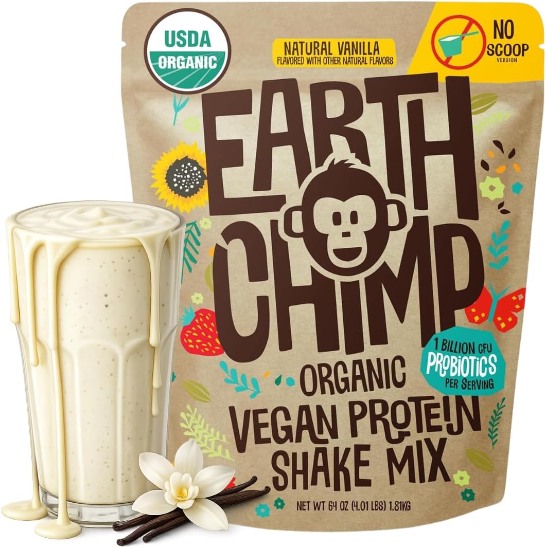 EarthChimp Organic Vegan Protein Powder - with Probiotics - Non GMO, Dairy Free, Non Whey, Plant Based Protein Powder for Women and Men, Gluten Free - 52 Servings 64 Oz (Vanilla) No Scoop
