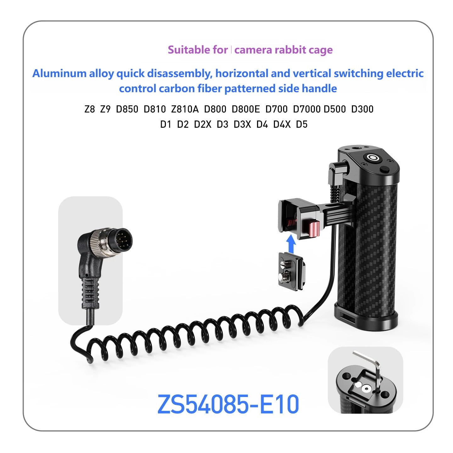 Impugnatura laterale per fotocamera a sgancio rapido con cuscinetto in gomma antiscivolo e interfacce con cavo da 2,5 mm per otturatore per riprese DSLR stabili, impugnature in lega di alluminio