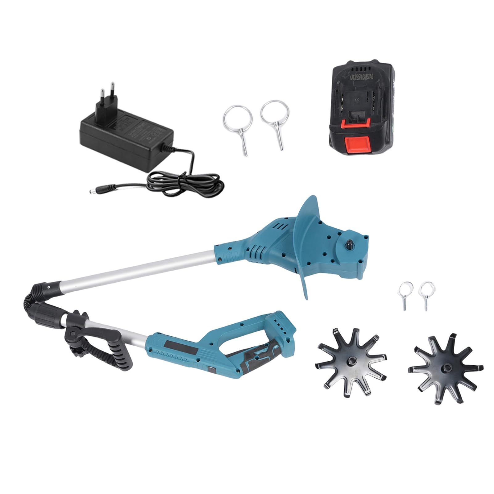 Cultivador eléctrico inalámbrico de 21 V, Potente, 330 RPM, Alta Velocidad, con 2 púas de Acero, batería Recargable de 1300 mAh para césped, jardinería, Cultivo de Suelo, 7