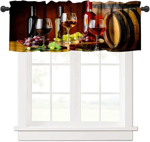Cortina de cenefa de vino, barril vintage de vino tinto sobre mesa, copas de vino, uvas, cenefa de cortina para cocina, comedor, comedor, decoración