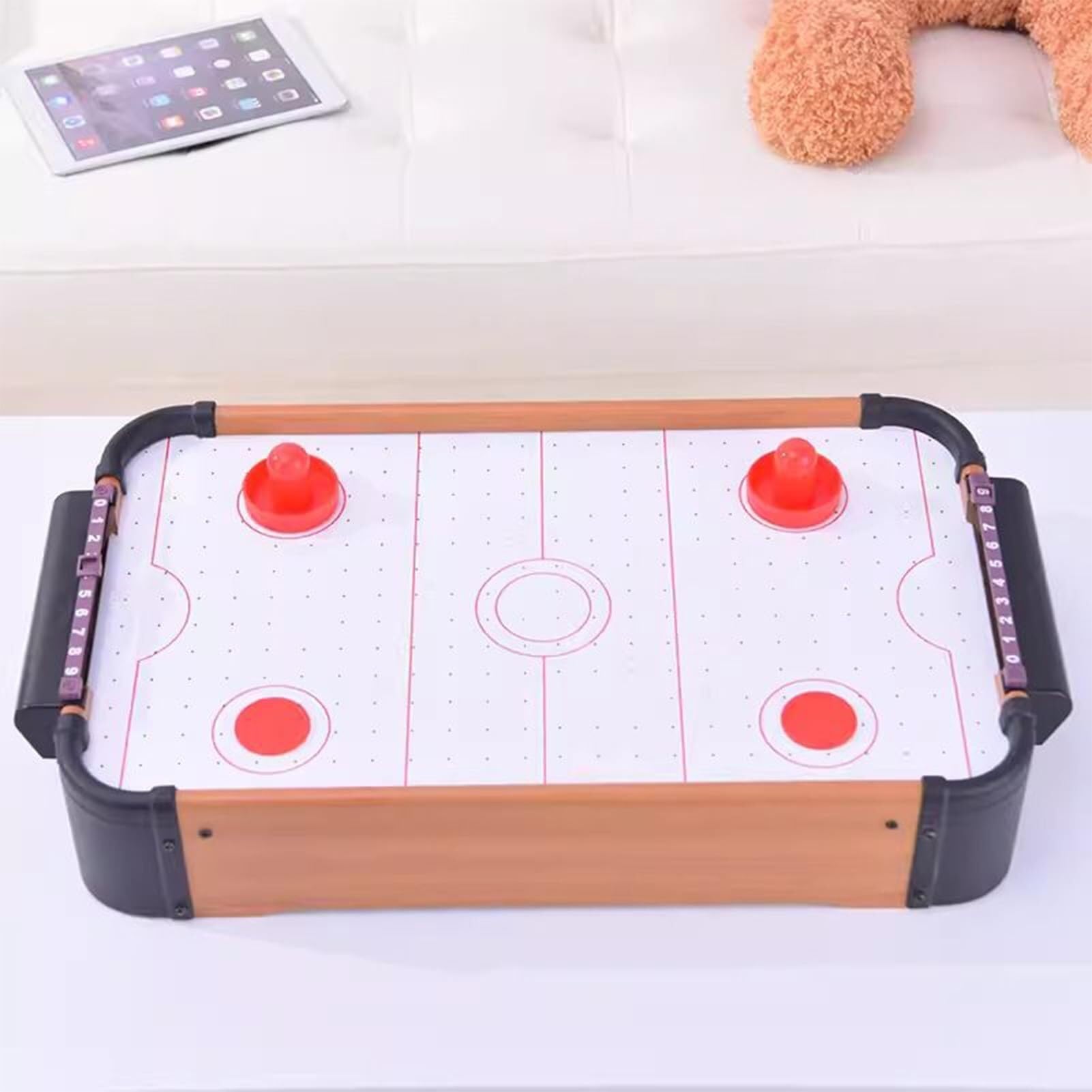 Mesa Hockey Aire Madera - Juego Interactivo 2 Jugadores 60x32x13 cm | Motor silencioso. Flujo de aire estable. Mejora coordinación ojo-mano. Construcción de madera natural con bordes lisos. Pies