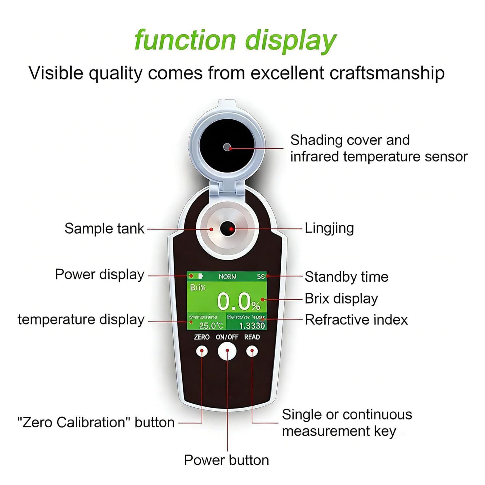 Probador digital de refractómetro para frutas, bebidas, caramelos. Mide el contenido de azúcar del 0 al 58 % con compensación de temperatura infrarroja, 10 mediciones consecutivas