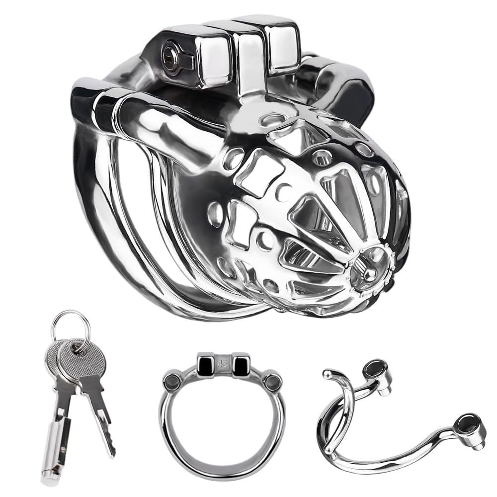 Edelstahl Peniskäfig mit PA-Ring Sexspielzeug für Männer Metall Atmungsaktiver Keuschheitskäfig mit Penisring Herren Penis Bondage Keuschheit SM Bondage CBT Extrem Sex Toys für Männer (45mm)