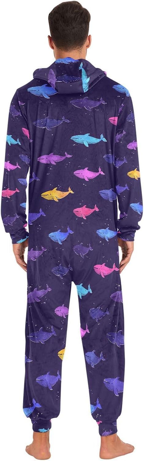 ALAZA Rainbow Whales Adult Onesie Pajamas Novelty One Piece Costume Sleepwear Jumpsuits Matching PJS