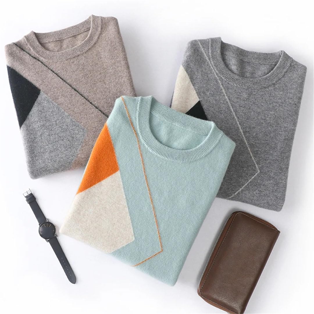 Maglione da uomo con scollo rotondo a rombi di colore abbinato in lana allentata calda e casual camicia di fondo lavorata a maglia