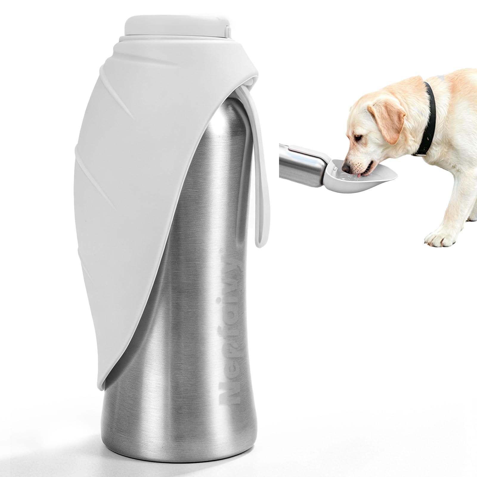 Nepfaivy Trinkflasche Hunde für Unterwegs Edelstahl 800ml - Auslaufsichere Hundetrinkflasche für Unterwegs mit Drucktaste, Tragbare Wasserflasche für Alle Hunde zum Reisen, Wandern und Campen, Weiß