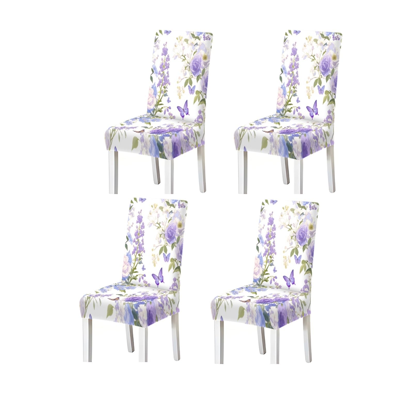 FZJKGH Lavender Purple Rose Butterfly Floral Pattern Print Dining Chair Covers Set Of 2/4/6, Stretch Slipcovers For Dining Room Removable Stretch Slipcovers for Dining Chairs(4PCSChair cover)