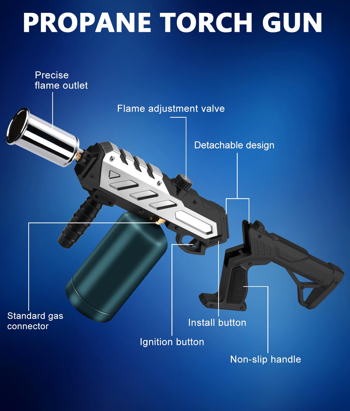 Potente antorcha de propano con diseño desmontable, pistola de soplete de cocina con llama ajustable, quemador de llama para barbacoa, encendedor de carbón, fogata, deshierbe (tanque no