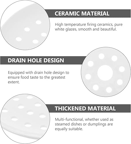 Miniatura 3 de YARDWE Plato de vapor de cerámica Plato de vapor para verduras Plato de bola de masa con agujero para cocinar alimentos blanco 7.9 in