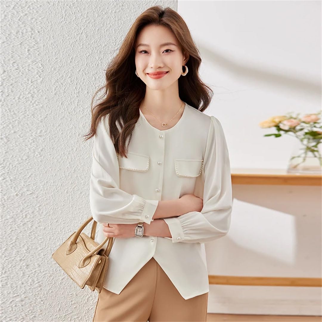 Blusa elegante con cuello redondo para mujer, blusa de trabajo para oficina
