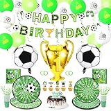 135 Stück Fussball Deko Geburtstag Kinder, Fußball Deko Kindergeburtstag Partygeschir mit Pappteller Pappbecher Deko Torte Servietten Luftballons Happy Birthday Banner für Kinder Jungen Fußball Party
