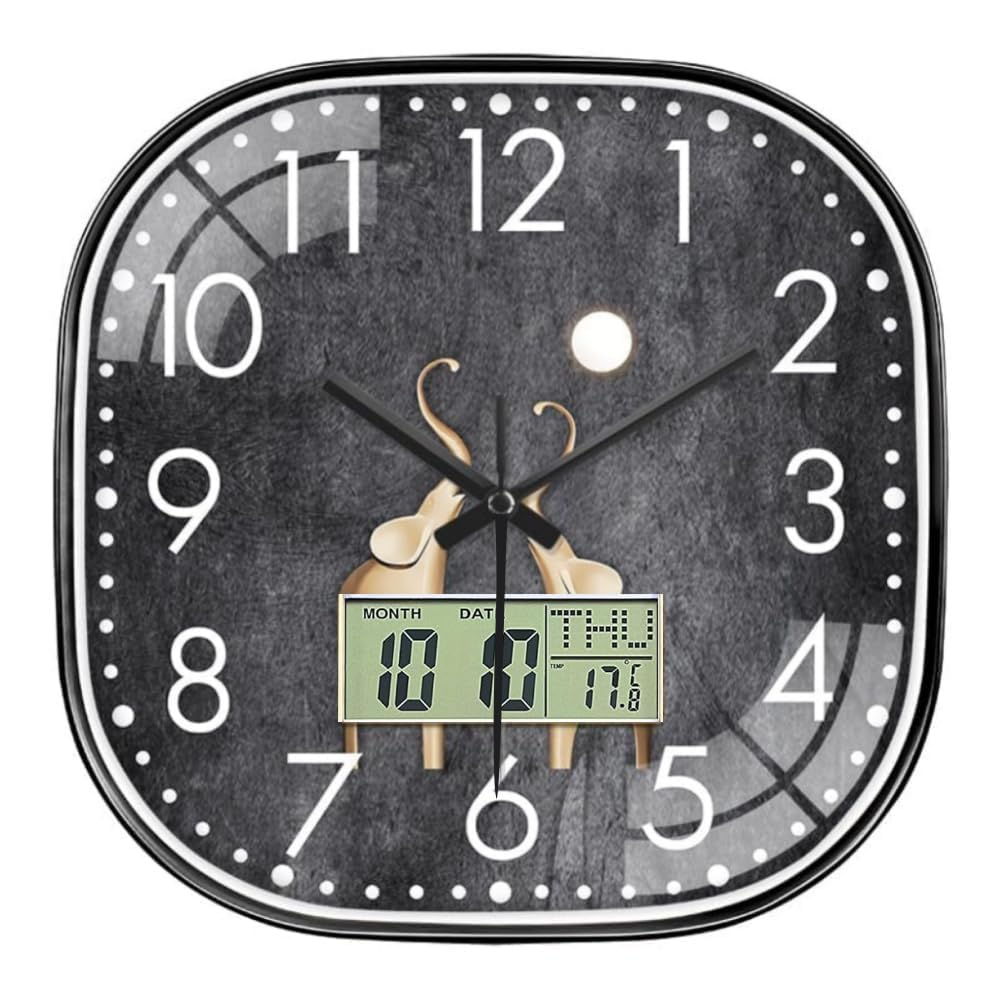Image of Ash & Roh 12 Inch Silent Quatrz and Non-Ticking Wall Clock with Easy to Read Number and Analog Display Stylish & Decorative Design for Office, Living Room, Bedroom (Elephant Digital Square)