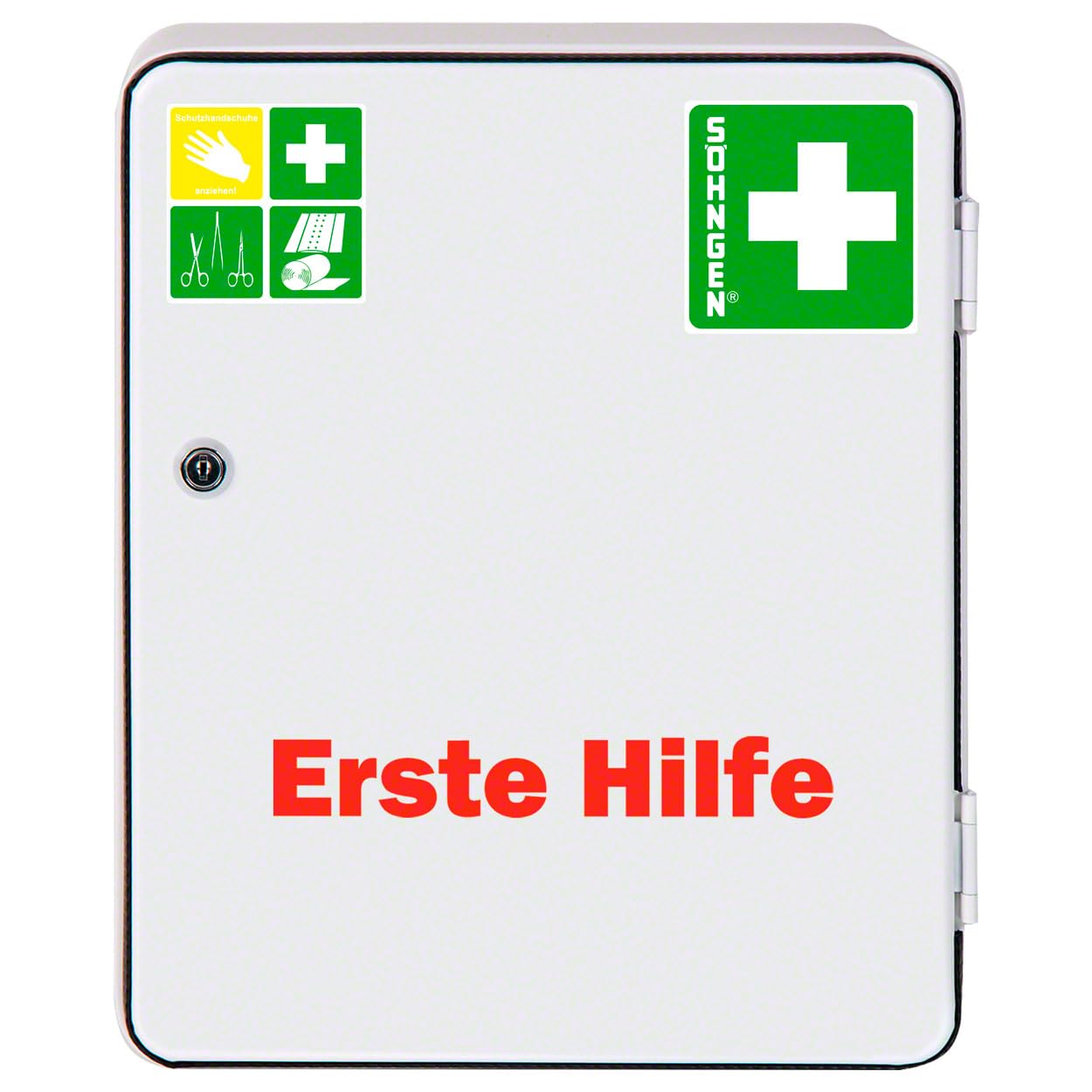 Verbandschrank Heidelberg (Standard DIN 13157, Verbandsmaterial, Rettungsdecke, etc, mit Sicherheitsschloss) weiß, 0501001