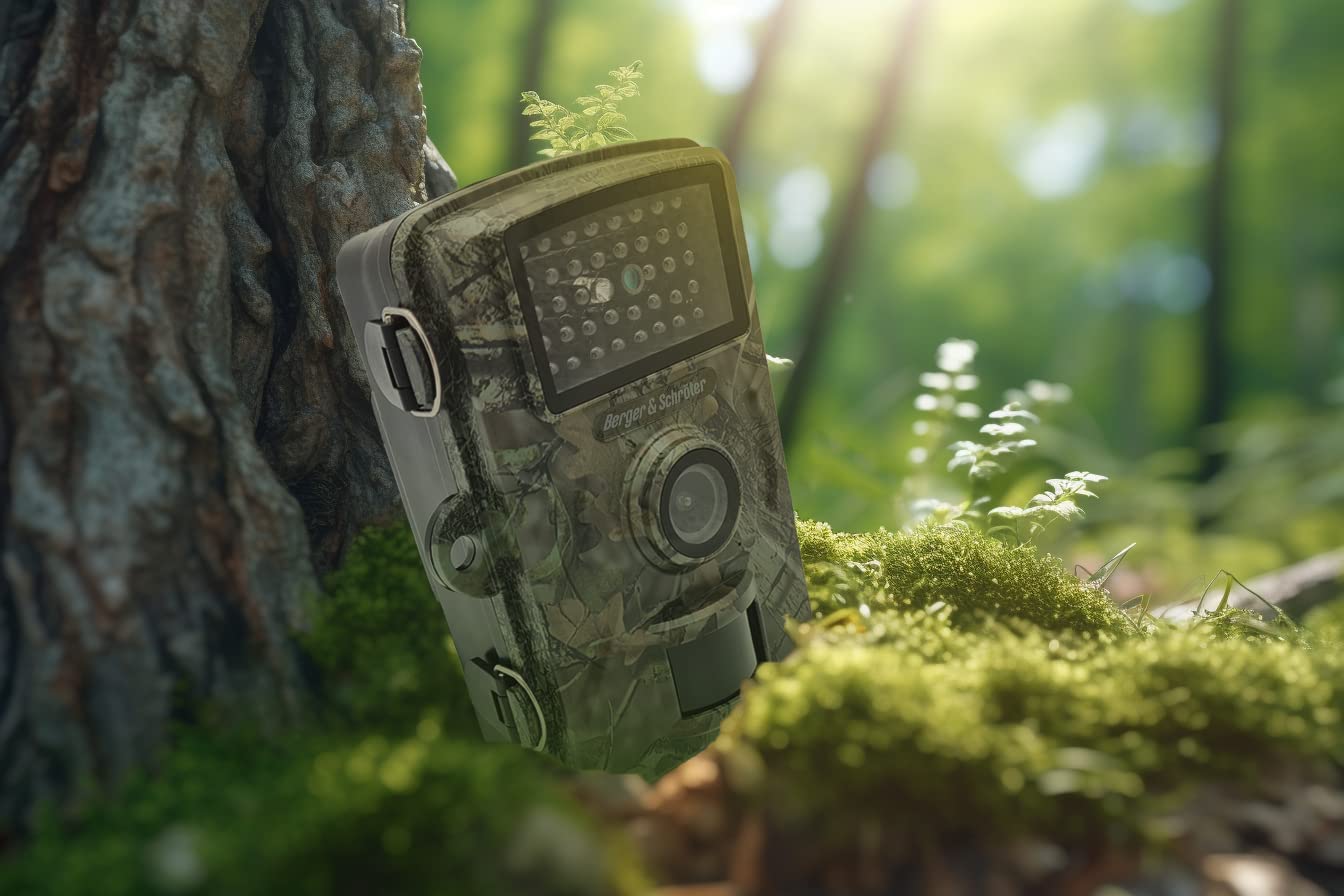 Berger & Schröter DH1 - Cámara de Caza (16 MP, Full HD, con Detector de Movimiento, Invisible, no Brilla, 940 NM, luz LED, visión Nocturna, 0,7 s, Disparo rápido, IP66, Resistente al Agua, 32 GB, 90°