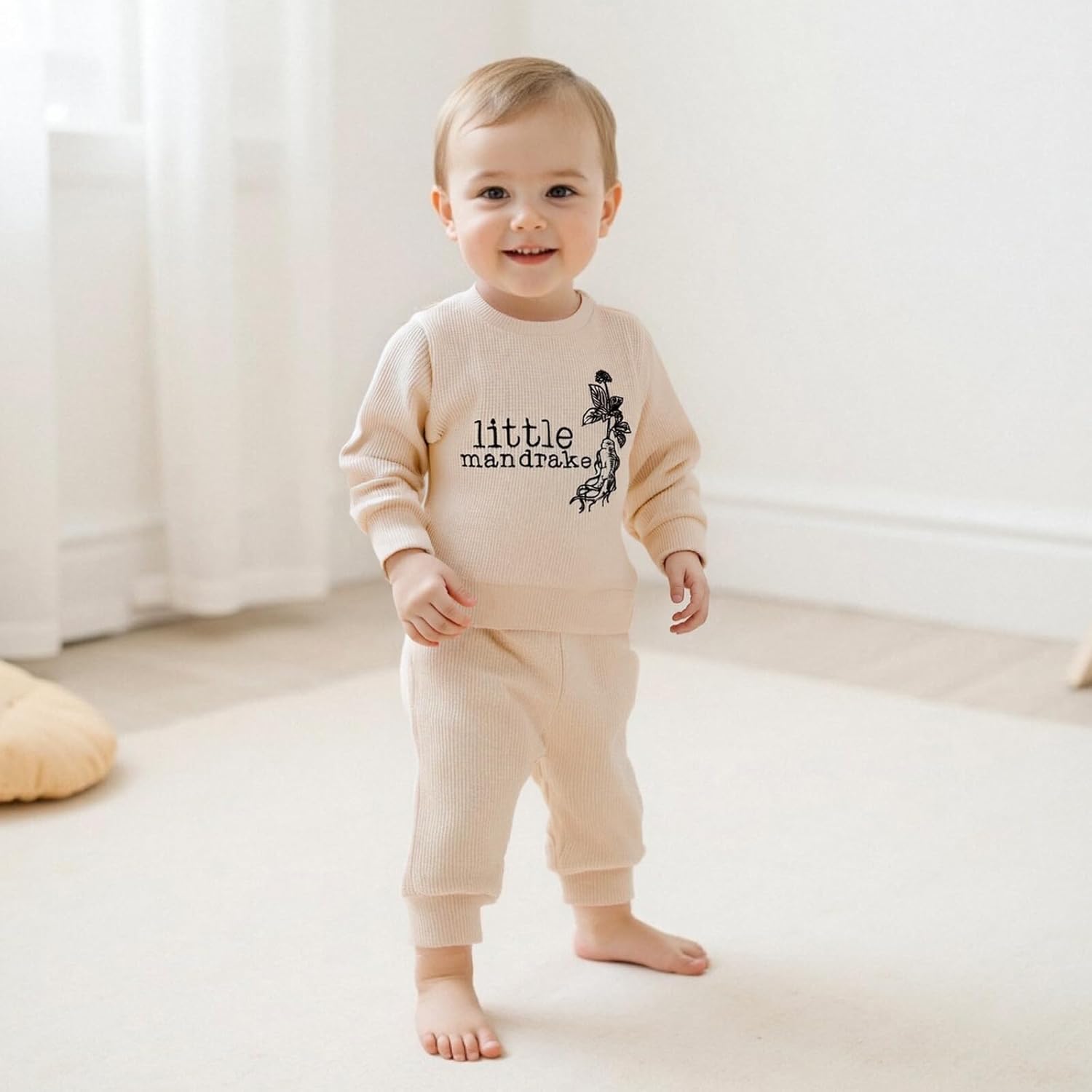 Gueuusu Toddler Baby Boy Girl Fall Outfit Letters Embroidery Long Sleeve Waffle Knit Sweatshirt and Pants Set - Image 2