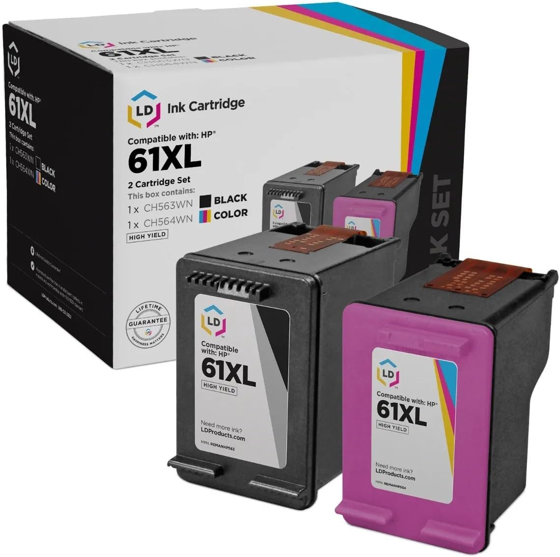 LD Products Remanufactured Ink Cartridge Replacements for HP 61XL High Yield (1 Black, 1 Color, 2) Compatible with DeskJet: 2514 3000 3052A and More