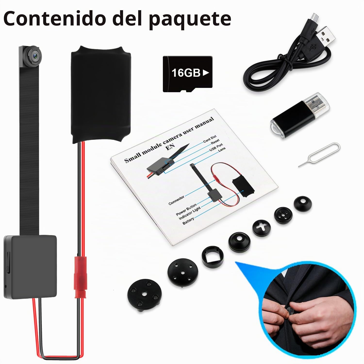 Cámara Espía 1080P Mini Cámara Espía oculta micro Cámara de Vigilancia Compacta con Detección de Movimiento Cámara con tarjeta SD de 16 GB/Batería externa de larga Duración/Grabación de audio y Vídeo