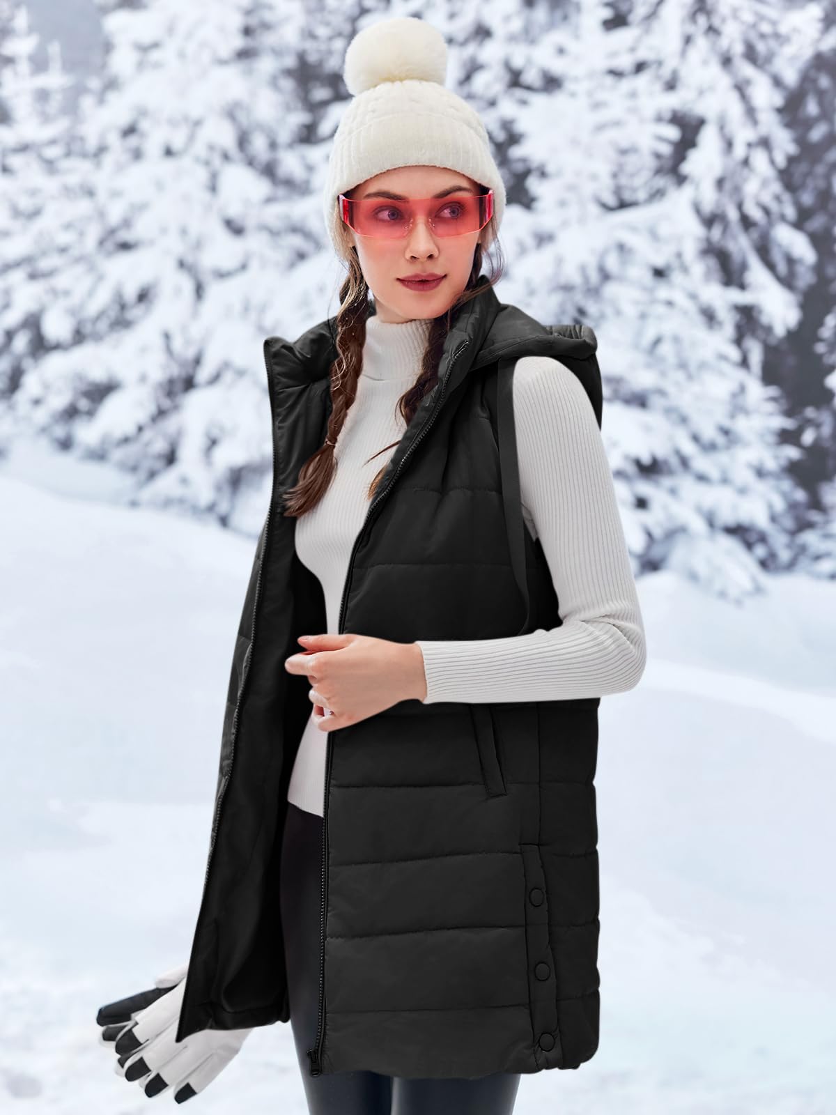 Imily Bela Chaleco acolchado largo y ligero con capucha para mujer, sin mangas, chaqueta de invierno, chaleco de entretiempo cálido