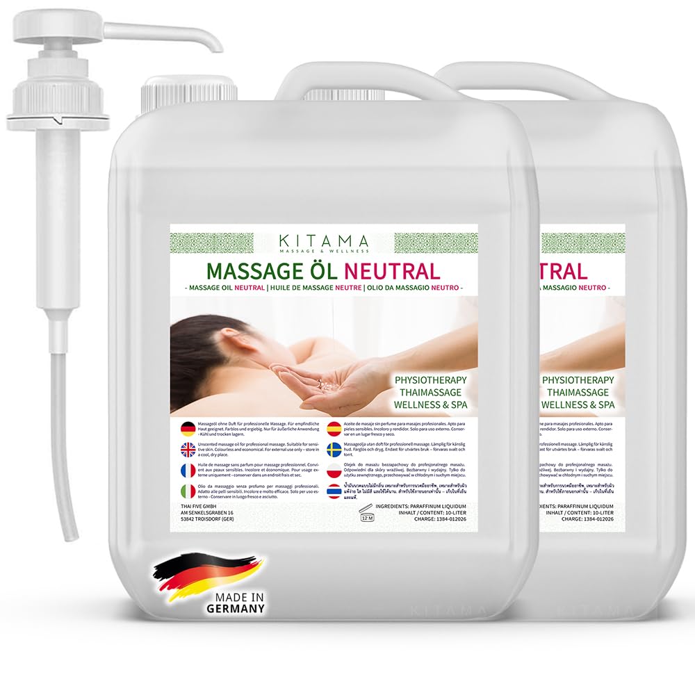 Kitama Olio di Massaggio neutro 20 litri (2 x 10l) con rubinetto tap - Olio per massaggio Thai, Fisioterapia Spa, olio di base senza profumo