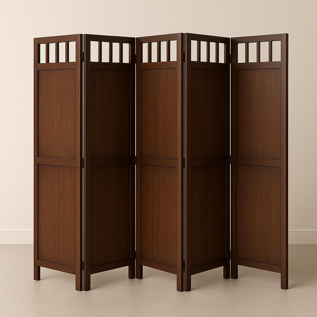 decorwud wooden room divider partition for living room wooden screen partition hall partition makeup studio privacy divider floor panels for pooja room | partition 6 feet 5 panels, brown