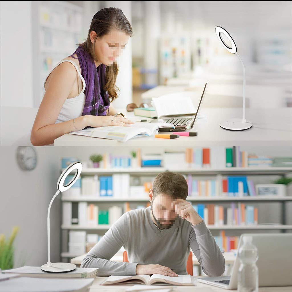 Schreibtischlampe, LED-Tischlampe, augenschonende Schreibtischlampe, 3 Farbmodi mit 4 Helligkeitsstufen, dimmbar, USB-Ladegerät, Bürolampe, Touch-Steuerung, 360° flexibel