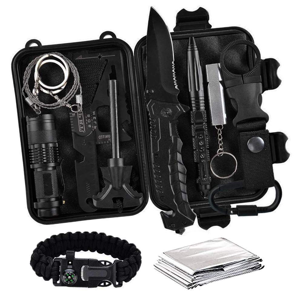 Survival Gear Kit - 13-in-One Emergency Compact Bugout Gear & Tools: Knife, Paracord, Multi-Tool, Fire Starter, Saw, Tactical Pen, Whistle, Flashlight, Blanket, Black Waterproof Case & More