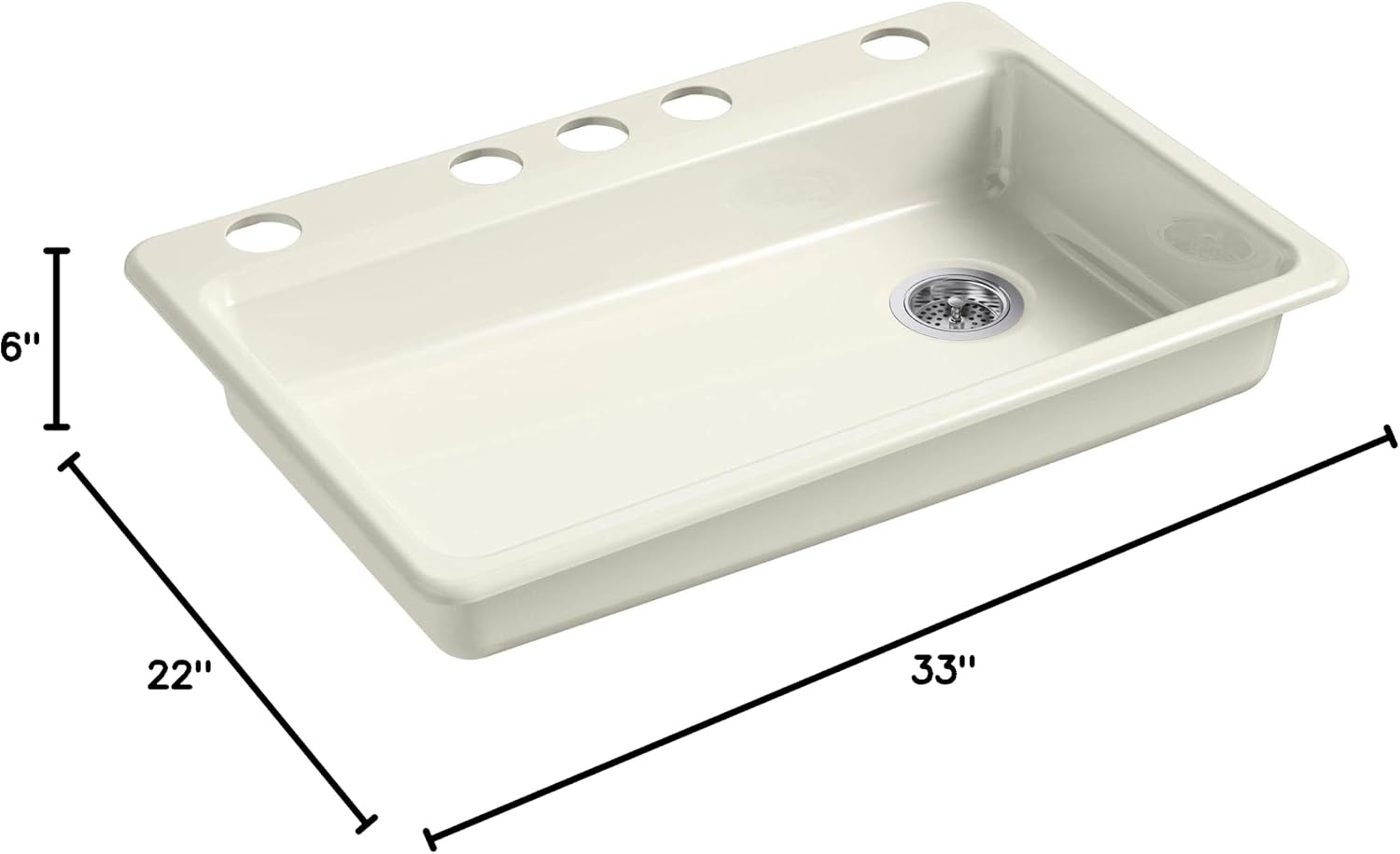 KOHLER K-8689-5U-96 Riverby Undermount Single-Bowl Kitchen Sink with 5 Oversized Faucet Holes, 33" x 22" x 5-7/8", Biscuit