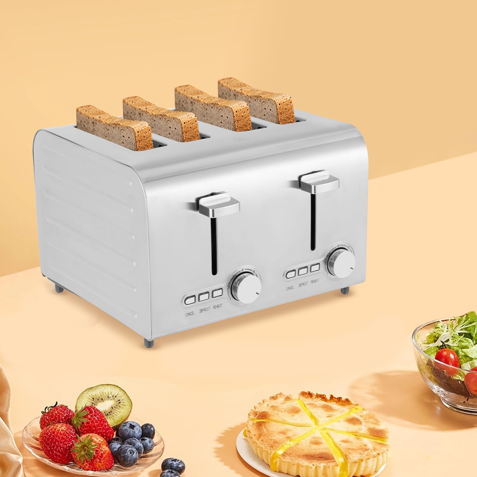 4 talerze tosterowe, 1500 W/50 Hz, stal nierdzewna 430, bardzo szeroki demontaż, podgrzewanie, rodzina piekarnia, bar przekąskowy, srebrne bułki, bułeczki i gofry